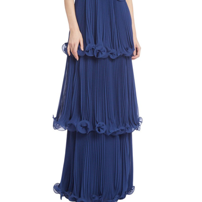 Badgley Mischka Pleated Ruffle Tiered One-shoulder Gown In Blue