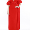Badgley Mischka Off-the-shoulder Gown With Puff Sleeve Train In Red