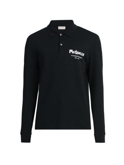 Alexander Mcqueen Men's Embroidered Graffiti Long-sleeved Polo Shirt In Black