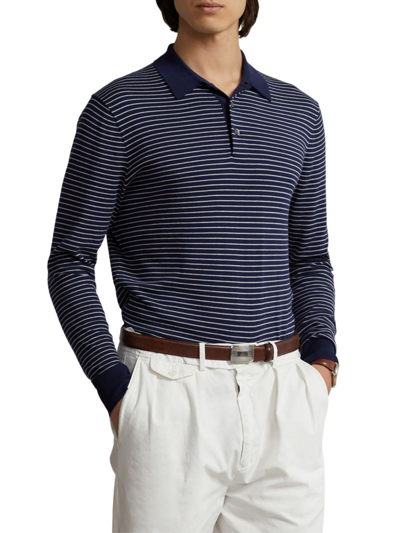 Polo Ralph Lauren Cotton Stripe Regular Fit Polo Collar Sweater In Bright Navy Combo