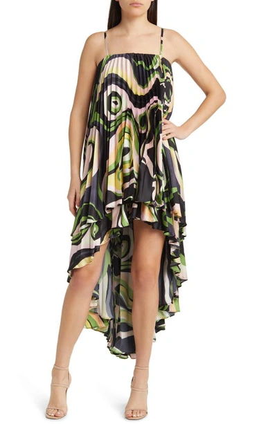 Hutch Zae Print Pleated Ruffle Dress In Black