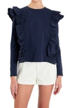 English Factory Poplin Ruffle Trim Shirt In Navy