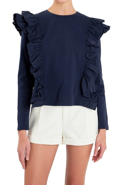 English Factory Poplin Ruffle Trim Shirt In Navy