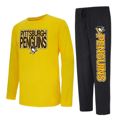 Concepts Sport Men's  Black, Gold Pittsburgh Penguins Meter Long Sleeve T-shirt And Pants Sleep Set In Black,gold