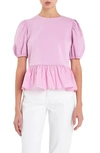 ENGLISH FACTORY ENGLISH FACTORY MIXED MEDIA PUFF SLEEVE PEPLUM TOP