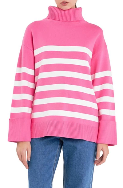 English Factory Stripe Turtleneck Jumper In Pink/ White