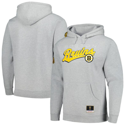 Mitchell & Ness Men's  Heather Gray Boston Bruins 100th Anniversary Script Sweep Pullover Hoodie