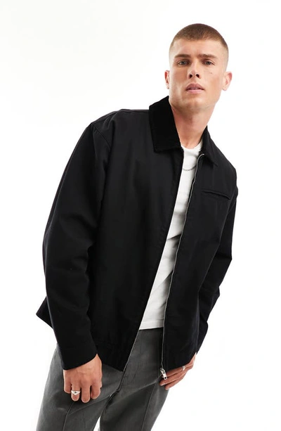 Asos Design Oversized Washed Harrington Jacket With Corduroy Collar In Black