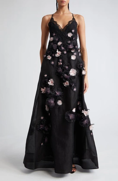 Zimmermann Matchmaker Daisy Open-back Appliquéd Linen And Silk-blend Gown In Black Pink