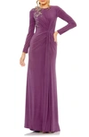 Mac Duggal Jersey High Neck Long Sleeve Embellished Gown In Purple Plant