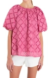 English Factory Embroidered Tie Back Puff Sleeve Top In Berry Pink