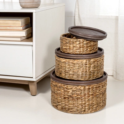 Happimess Gouda Southwestern Hand-woven Hyacinth Circular Nesting Baskets With Wood Lids, Natural (set Of 3)