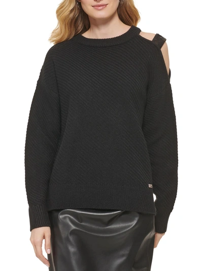 Dkny Womens Cold Shoulder Embellished Pullover Sweater In Black