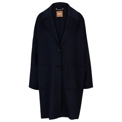 Hugo Boss Melange Relaxed-fit Coat Blended With Wool In Dark Blue