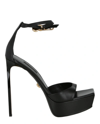 Versace Safety Pin Leather Heeled Sandals In Black