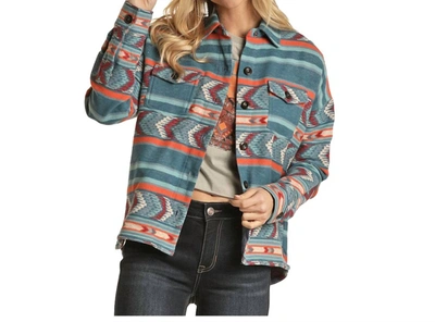 Rock & Roll Denim Women's Shacket Shirt Jacket In Blue Coral Burgundy Print In Multi