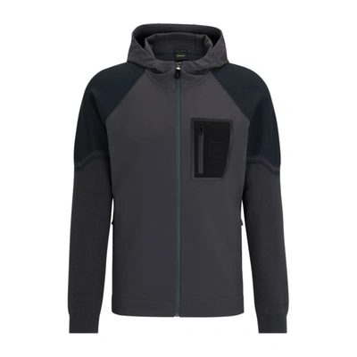 Hugo Boss Mixed-material Hooded Jacket With Signature Pocket In Black 001