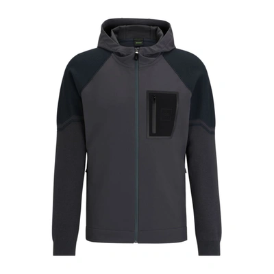 Hugo Boss Mixed-material Hooded Jacket With Signature Pocket In Dark Grey