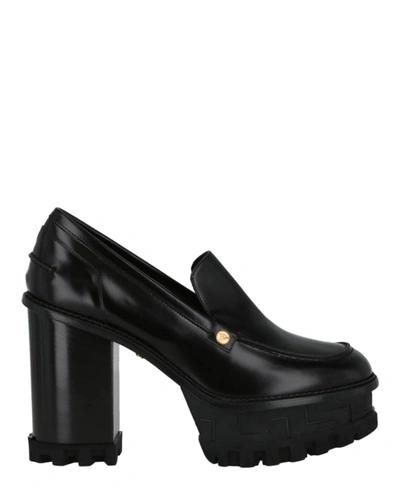 Versace Heeled Leather Loafer In Black