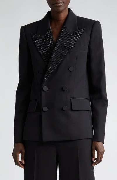 AREA CRYSTAL EMBELLISHED DOUBLE BREASTED STRETCH WOOL TUXEDO JACKET