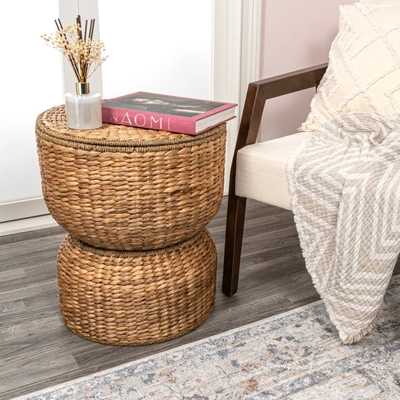 Happimess Bhola 18" Hourglass Handwoven Hyacinth Storage Accent Table With Lid, White Wash In Brown