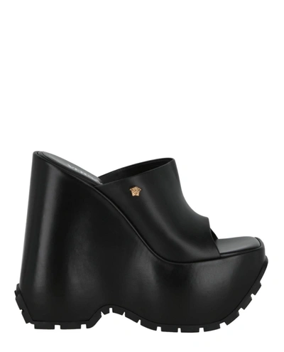 Versace Triplatform Platform Mules In Black