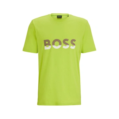 Hugo Boss Cotton-jersey T-shirt With Color-blocked Logo Print In Green