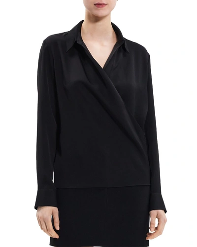 Theory Wrap Silk Blouse In Black