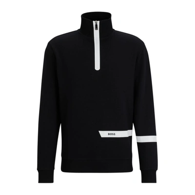 Hugo Boss Cotton-blend Zip-neck Sweatshirt With Logo Stripe In Black