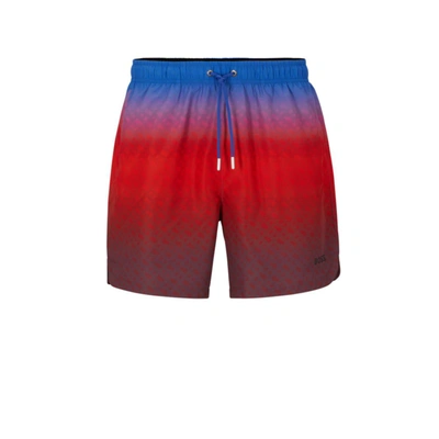 Hugo Boss Logo-print Swim Shorts With Degrad Monogram Pattern In Blue