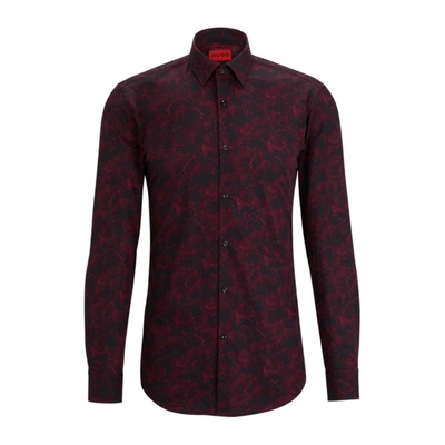 Hugo Slim-fit Shirt In Floral-print Cotton Canvas In Dark Red