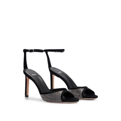 Hugo Boss Suede Sandals With Crystal Studs And Buckle In Black