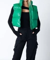 OLIVACEOUS LIZA FAUX LEATHER CROPPED PUFFER VEST IN GREEN