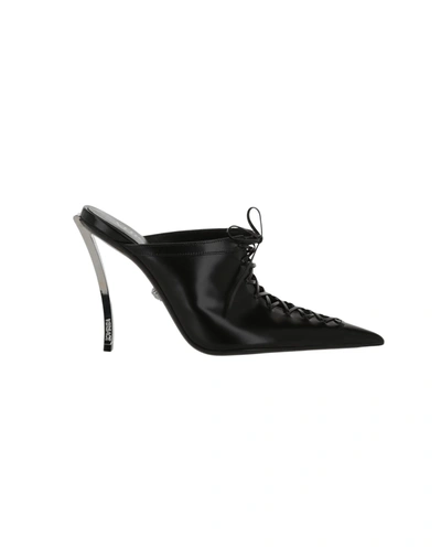 Versace 110mm Lace-up Leather Mules In Black