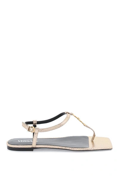 Versace Medusa Metallic T-strap Flat Sandals In Gold