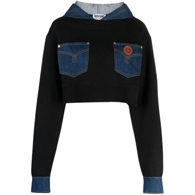 Moschino Jeans Patchwork Cotton Hoodie In Black