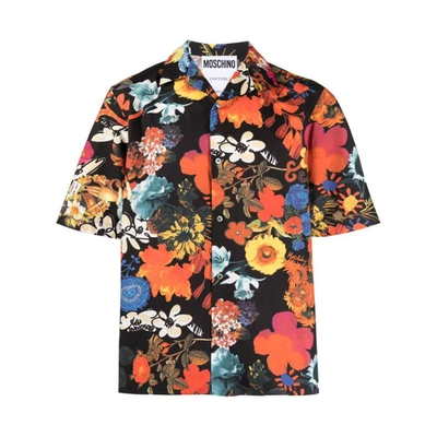 Moschino Allover Floral-print Short-sleeve Shirt In Black