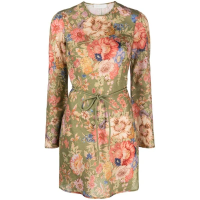 Zimmermann August Belted Floral-print Linen Mini Dress In Sage Floral