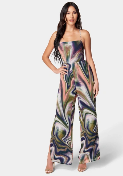 Bebe Issue With Straps Lace-up Side Slit Jumpsuit In Desert Daze