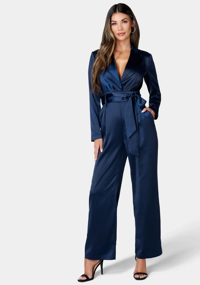 Bebe Satin Blazer Jumpsuit In Astral Aura