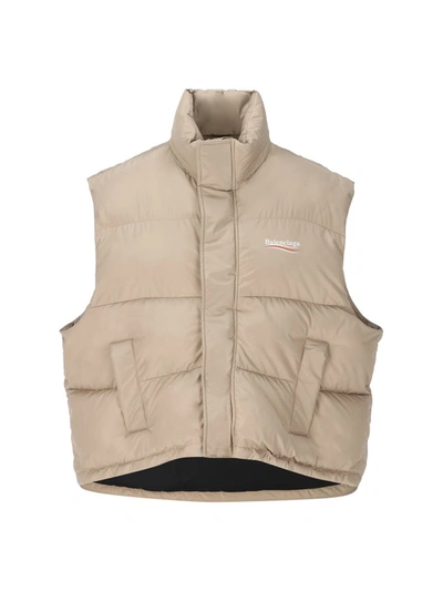 Balenciaga Logo Printed Down Gilet In Beige