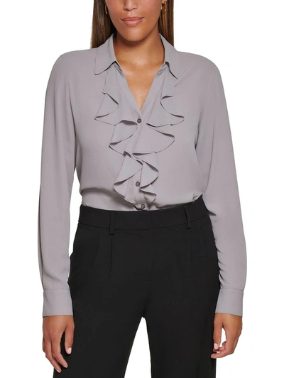 Calvin Klein Petites Womens Ruffled Work Wear Blouse In Grey