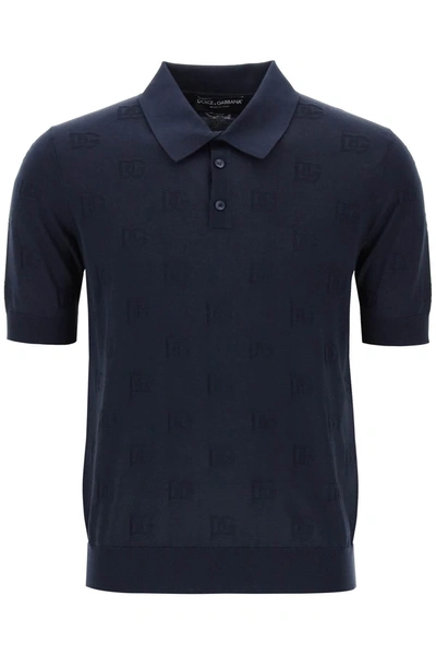 Dolce & Gabbana Monogram Silk Knit Polo Shirt In Black