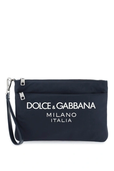 Dolce & Gabbana Nylon Pouch With Rubberized Logo Men In Blue