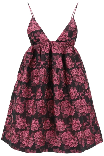 Ganni Mini Dress In Floral Jacquard In Fuchsia,black