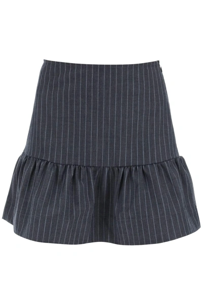 Ganni Stretch Striped Flounce Mini Skirt In Grey