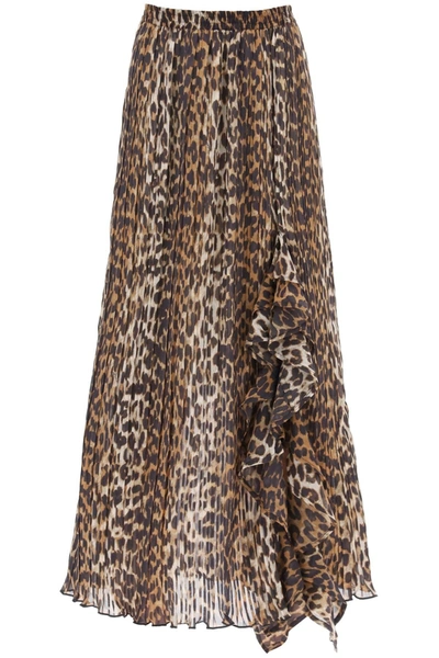 Ganni Pleated Midi Skirt With Leopard Motif In Brown