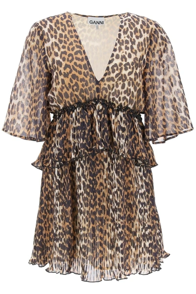 GANNI GANNI PLEATED MINI DRESS WITH LEOPARD MOTIF