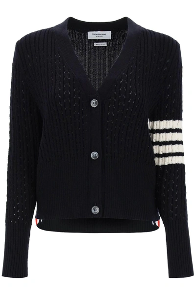 Thom Browne V-neck Cardigan W/ 4 Bar In Irish Pointelle Cable 5gg Sustainable Merino Wool In Black