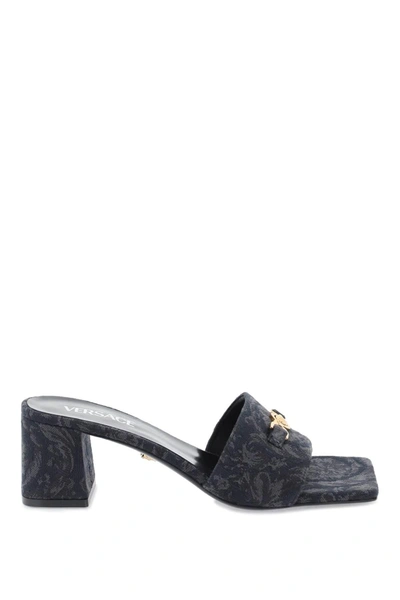 Versace Medusa Denim Mule Sandals In Black